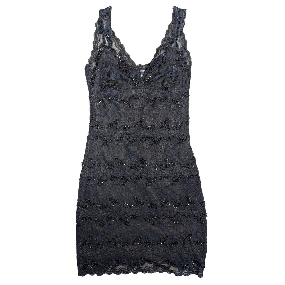 Vintage Le Chateau Small Black Stretch Bodycon Lace Beaded Party Dress